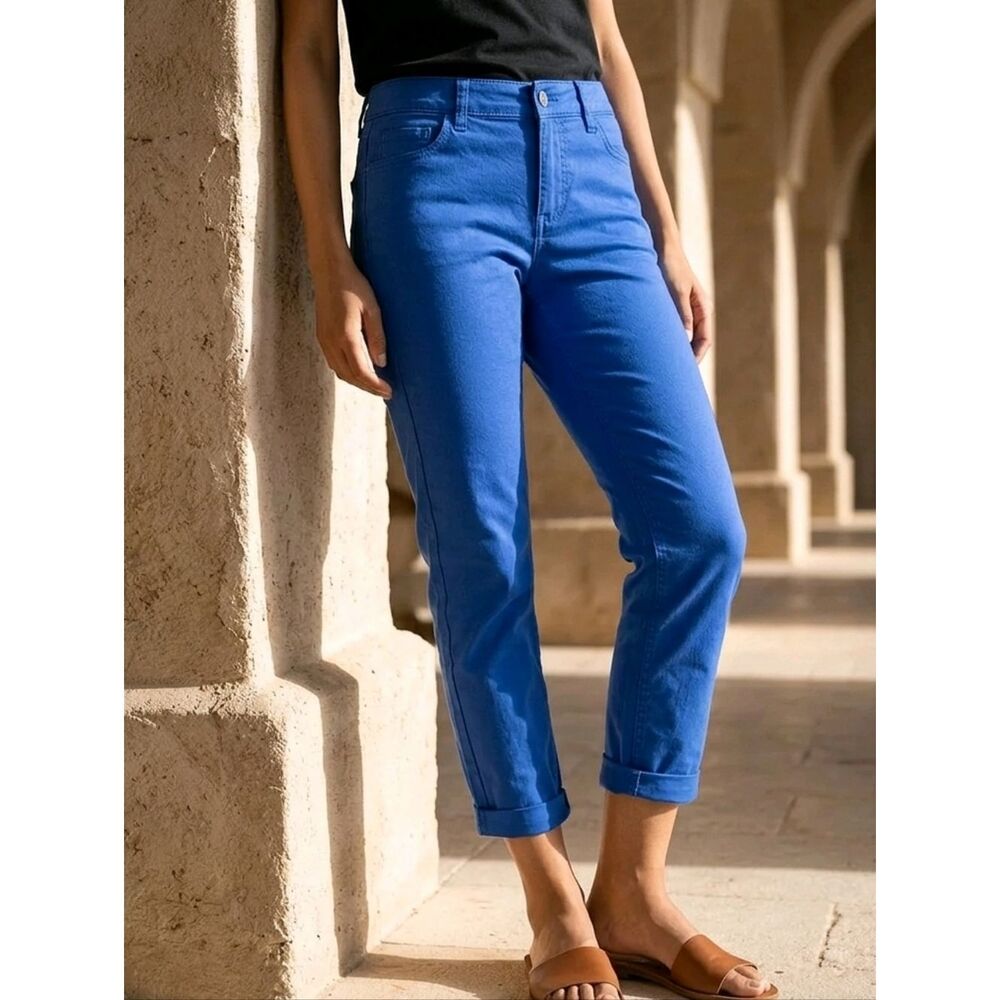 Ann Taylor LOFT Curvy Straight Ankle Pants Blue Twill Stretch Roll Cuff 4 / 27